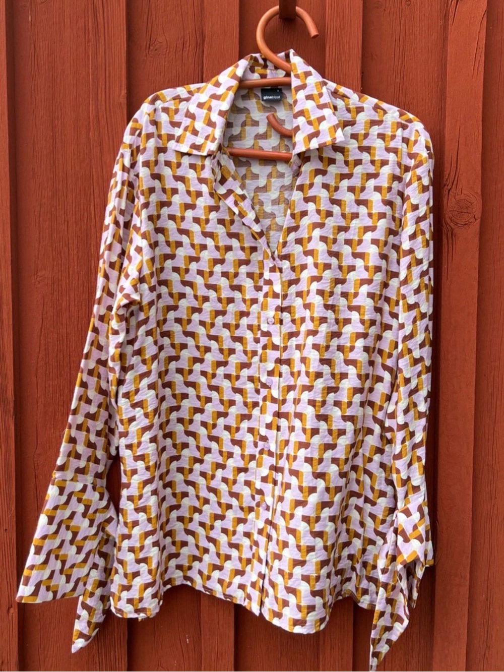 Geometric Pattern Button-Up Shirt in White, Mustard & Rust